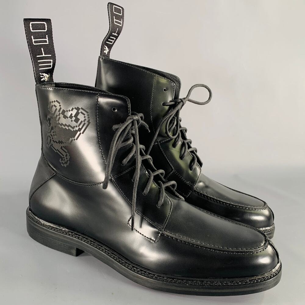 ETRO Size 12 Black Leather Pixel Art Lace-Up Boots
